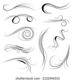 Set Black Collection Simple Line Winds Gust Squall Curl Doodle Outline Nature Element Vector Design Style Sketch Isolated Illustration