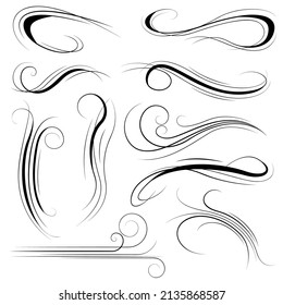 Set Black Collection Simple Line Winds Gust Squall Curl Doodle Outline Nature Element Vector Design Style Sketch Isolated Illustration