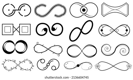 Establecer la colección negra Señales de infinito de línea simple Elemento de contorno de doodle Diseño Esbozo de estilo Isolación Ilustración
