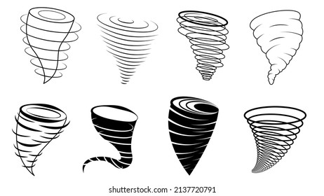 Set Black Collection Simple Line Winds Tornado Whirlwind Curl Doodle Outline Nature Element Vector Design Style Sketch Isolated Illustration