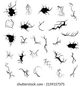 Set Black Collection Simple Line Cracked, Damated, Hole, Earthquake, Destruktion Doodle Outline Naturelement Vector Design Style Skizze isolierte Illustration