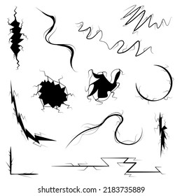 Set Black Collection Simple Line Cracked, Damaged, Hole, Earthquake, Destruction Doodle Outline Nature Element Vector Design Style Sketch Isolated Illustration