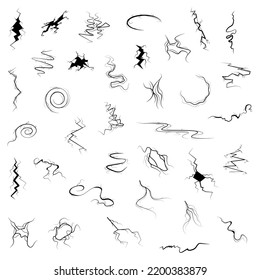 Set Black Collection Simple Line Cracked, Damaged, Hole, Earthquake, Destruction Doodle Outline Nature Element Vector Design Style Sketch Isolated Illustration
