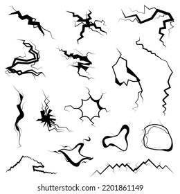 Set Black Collection Simple Line Cracked, Damaged, Hole, Earthquake, Destruction Doodle Outline Nature Element Vector Design Style Sketch Isolated Illustration