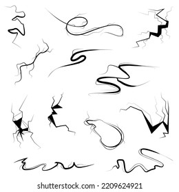 Set Black Collection Simple Line Cracked, Damaged, Hole, Earthquake, Destruction Doodle Outline Nature Element Vector Design Style Sketch Isolated Illustration