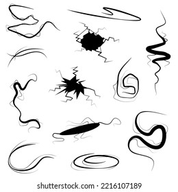Set Black Collection Simple Line Cracked, Damated, Hole, Earthquake, Destruktion Doodle Outline Naturelement Vector Design Style Skizze isolierte Illustration