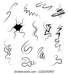 Set Black Collection Simple Line Cracked, Damaged, Hole, Earthquake, Destruction Doodle Outline Nature Element Vector Design Style Sketch Isolated Illustration