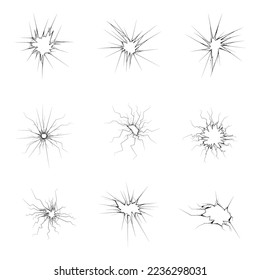 Set Black Collection Simple Line Broken Glass,  Cracks, Shattered Doodle Outline Element Vector Design Style Template Sketch Isolated Illustration Destruction, Damaged