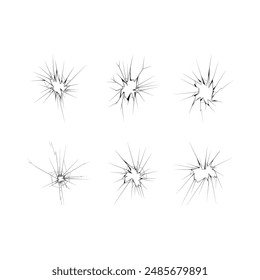 Set Black Collection Simple Line Broken Glass,  Cracks, Shattered Doodle Outline Element Vector Design Style Template Sketch Isolated Illustration Destruction, Damaged