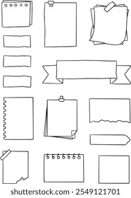Set Black Collection Simple Line Notes Paper, Diary Doodle Outline Element Vector Design Style Sketch Isolated Illustration Planner, Sticky - Vector set