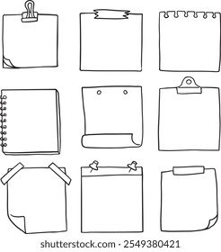 Conjunto Negro Colección Línea simple Notas Papel, Diario Doodle Outline Elemento Vector Diseño Estilo Sketch Ilustración aislada Planificador, Pegajoso - conjunto de Vector