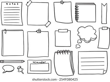 Conjunto Negro Colección Línea simple Notas Papel, Diario Doodle Outline Elemento Vector Diseño Estilo Sketch Ilustración aislada Planificador, Pegajoso - conjunto de Vector