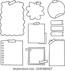 Conjunto Negro Colección Línea simple Notas Papel, Diario Doodle Outline Elemento Vector Diseño Estilo Sketch Ilustración aislada Planificador, Pegajoso - conjunto de Vector