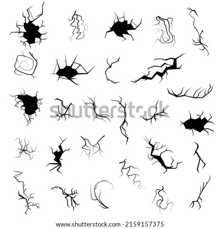 Set Black Collection Simple Line Cracked, Damaged, Hole, Earthquake, Destruction Doodle Outline Nature Element Vector Design Style Sketch Isolated Illustration