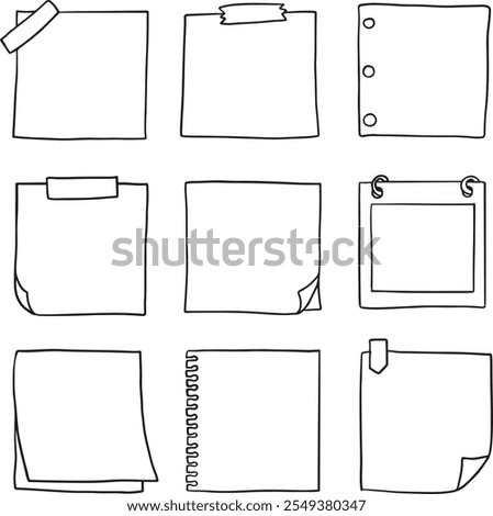 Set Black Collection Simple Line Notes Paper, Diary Doodle Outline Element Vector Design Style Sketch Isolated Illustration Planner, Sticky - Vector set