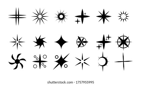 Set Black Collection Star Icons Sparkles Vector Symbols Shine Elements