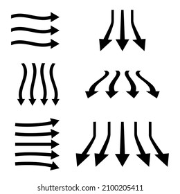 Set of black color arrows. Clean, fresh air flow. Filtration direction, arrows. A stream of cold air from the conditioner. Wind direction. Vector