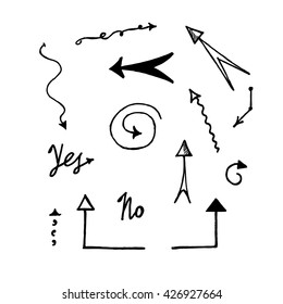 Set of the black color arrows, lines. Hand drawn graphic. Vector eps 10. 