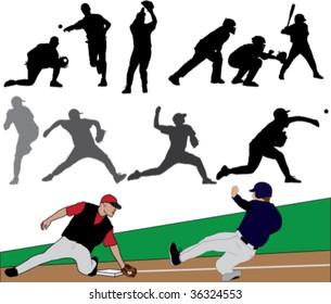 Set of black and color baseball illustrations.