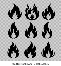 a set of black color fire vector icons, fire icons illustration