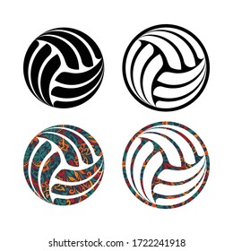 Set of black and color floral pattern volleyball silhouettes. Isolated on white background sport balls with decoration