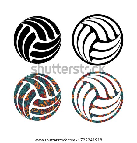 Set of black and color floral pattern volleyball silhouettes. Isolated on white background sport balls with decoration