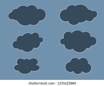 A set of black color graphic clouds clip arts on dark blue background vector illustration 