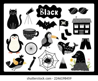 Set of black color objects. Primary colors flashcard with black elements. Learning colors for kids. Vector illustration