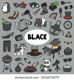 Set of black color objects. Visual dictionary for children about the basic colors. Square cartoon sheet with isolated images to learning for kindergarten and preschool learning