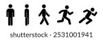 Set of black color pictograms. Person standing upright, walking, running, sprinting.