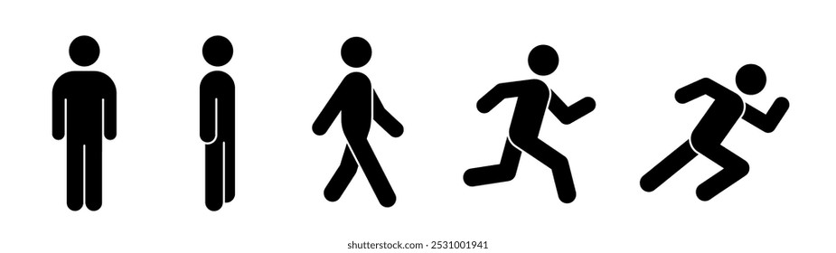 Set of black color pictograms. Person standing upright, walking, running, sprinting.