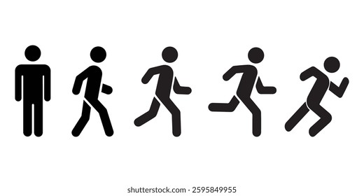 Set of black color pictograms. Person standing upright, walking, running, sprinting.