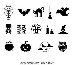 Set of black color vector Halloween icons on a transparent background