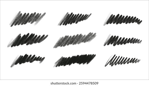 Set of black colored chalk, charcoal brush strokes. Hand painted grunge textured lines isolated on white backdrop