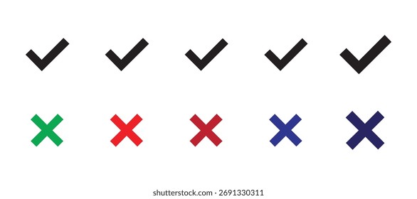 Un conjunto de marcas de verificación negras y de colores y cruces de Botones de Web simples. Revise las marcas y cruces. Grande colección de Botones planos. Ilustración vectorial Eps 10.