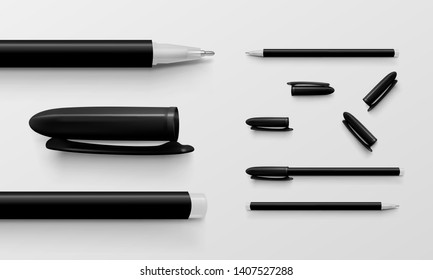 Set of black colored office pens and caps in horizontal position, realistic vector illustration