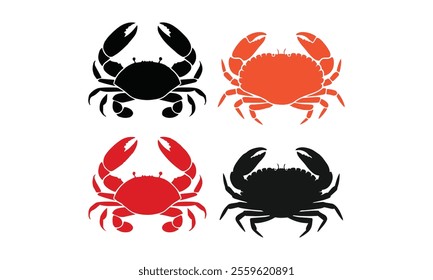 Set of Black and Colorful Crab Silhouette Vector Designs, marine themes, coastal art, seafood logos, nature graphics, aquatic symbols, digital artwork, ocean projects, easily editable.