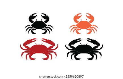 Set of Black and Colorful Crab Silhouette Vector Designs, marine themes, coastal art, seafood logos, nature graphics, aquatic symbols, digital artwork, ocean projects, easily editable.