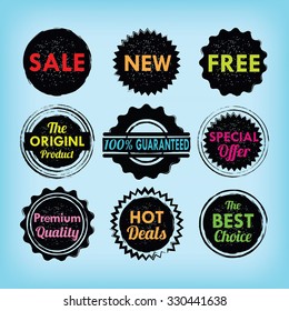 Set of black and colorful sale labels, emblems, badges and stickers with textures on blue background