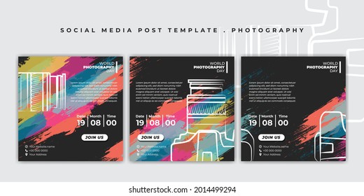 Set of black and colorful social media template. Social media post template with line art of camera design. good template for social media advertising design.