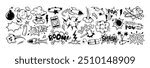 Set of black comic book sound blast, cartoon bomb explosions, crash or bang effect. Doodle hand drawn speech bubbles with pow, splash, bam, wow, omg words. Smoke exclamation elements, dynamite explode