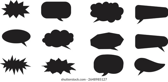 Conjunto de silhuetas de bolhas de fala de quadrinhos pretas em várias formas para pop art e diálogo de desenho animado. Ideal para adesivos, quadrinhos, design gráfico, modelos de meme e ilustrações estilo retro.