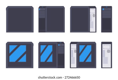 Set of the black computer cases. The objects are isolated against the white background and shown from different sides