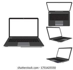 Set of black computer laptops template blank screen front, top, left and right isolated on white background.  