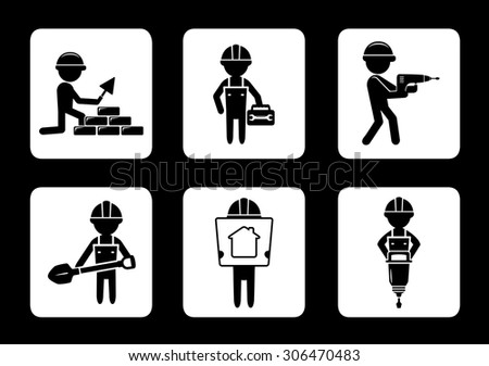 set black construction icons with builders and tools