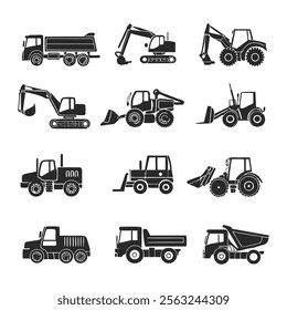 Set of Black Construction Vehicle Silhouettes Featuring Excavators, Dump Trucks, and Loaders