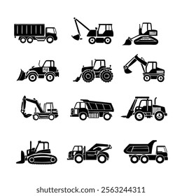 Set of Black Construction Vehicle Silhouettes Featuring Excavators, Dump Trucks, and Loaders