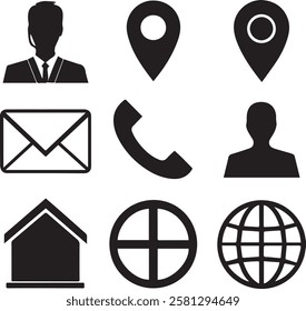 A set of black contact and communication icons, including location pins, email, phone, and user symbols. Perfect for websites, business cards, and branding.