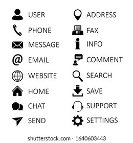 Set black contact icons with the names, communication signs - stock vector