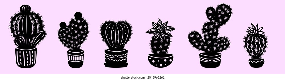 Set of black contour cacti in decorated pots. Monochrome image of houseplants isolated from the background. Vector image.